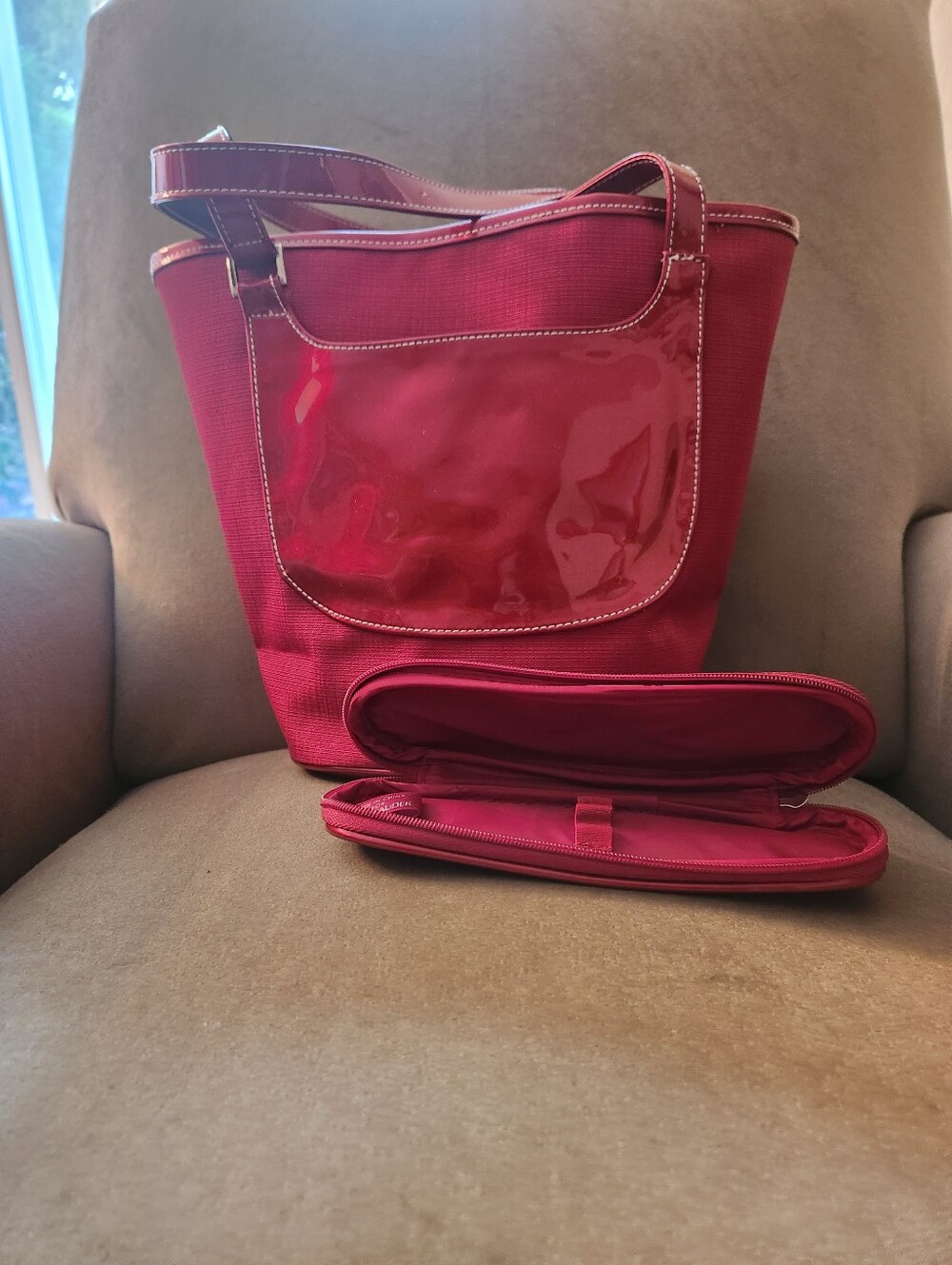 Estee Lauder Red Travel Tote with Matching Cosmetic Case